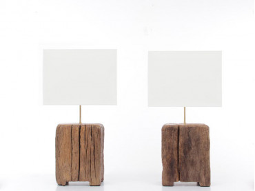 pair of lamps in sculpted oak. Unique pieces. 