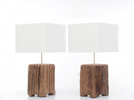 pair of lamps in sculpted oak. Unique pieces. 