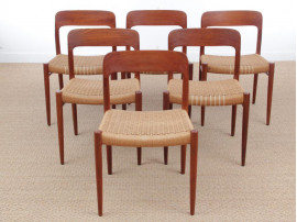 Mid-Century modern scandinavian set of 6 dining chairs in teak model 75 by Niels O.Møller