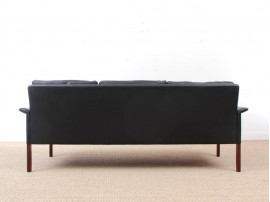 Mid modern danish 3 seats black leather sofa, model 500 by Hans Olsen