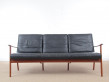 Danish mid-century modern sofa 3 seats by Ole Wanscher for Paul Jepesen in teak and leather.