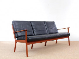 Danish mid-century modern sofa 3 seats by Ole Wanscher for Paul Jepesen in teak and leather.