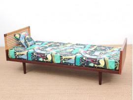 Mid century modern single bed by Hans Wegner, with bed table. 