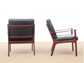 Mid-Century Modern Danish pair of  lounge chairs in mahogany model PJ 112 by Ole Wanscher