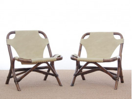 Pair of lounge chair in rattan and simili leather