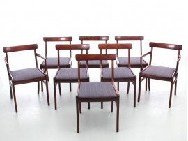 Mid-Century  modern scandinavian set of 6 chairs and 2 armchairs in Rio rosewood model Rungstelund by Ole Wanscher