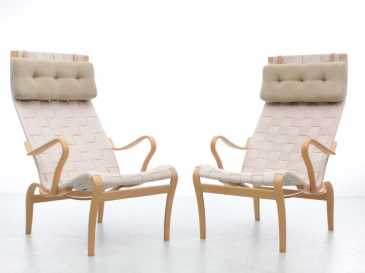 Mid-Century modern scandinavian pair of lounge chair Miranda by Bruno Mathsson